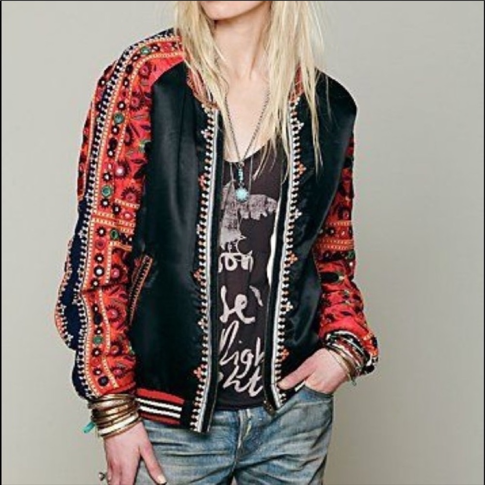 Free People New Romantics embroidered embellished baseball bomber jacket rare!